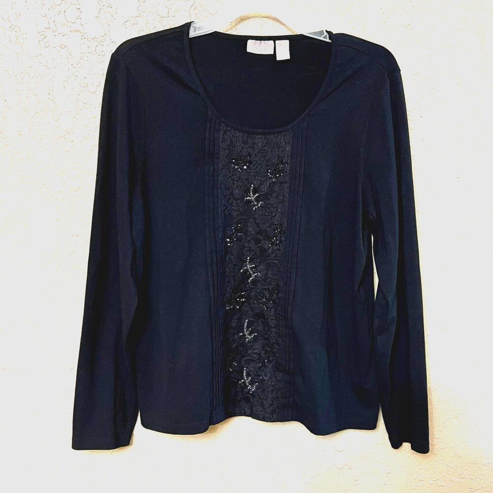 Chico's long sleeve black top sequin panel size 1